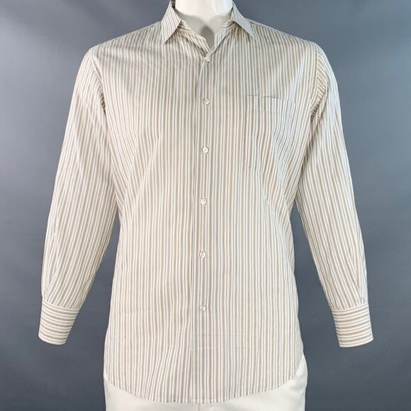 LORO PIANA Size L White Tan Grey Stripe Cotton One Pocket Long Sleeve Shirt - Picture 1 of 8